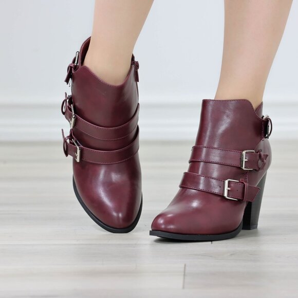 Ankle Boots Block Cone Heel Synthetic Leather Wine Almond Toe Buckles Zipper - Picture 7 of 12